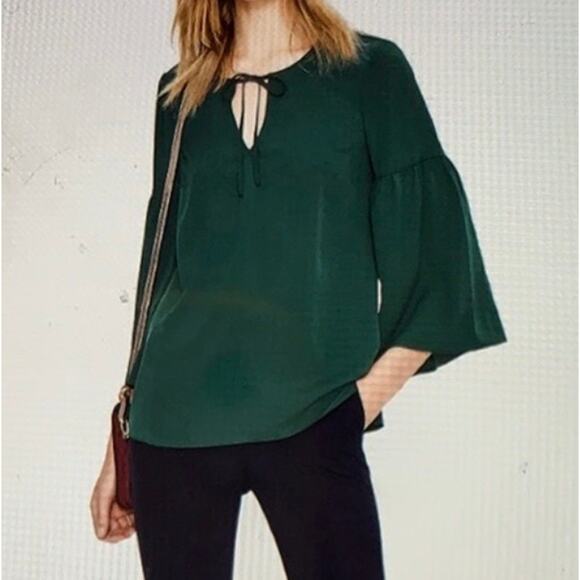 Boden Bell Sleeve Blouse Boho Keyhole Neck Flowy Relaxed Teal Green W0196 Sz 14 - Picture 2 of 14